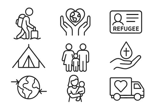 Vector icons depicting themes of travel, support for refugees, family, and community care in a humanitarian context
