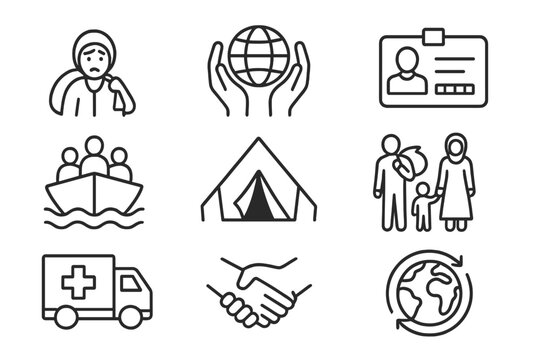 Vector icon set depicting humanitarian themes of support, aid, and global community engagement