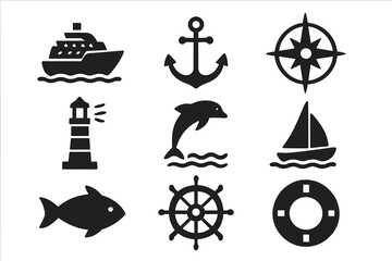 Collection of nautical vector icons featuring a ship, anchor, compass, lighthouse, dolphin, sailboat, fish, wheel, and life preserver