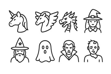 Vector icons representing various fantasy and Halloween themes including mythical creatures and characters