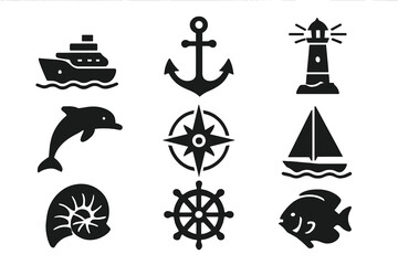 Nautical vector icons depicting maritime elements like ships, anchors, and marine life in a simple design
