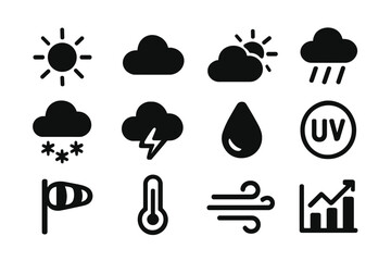 Weather vector icons showing sun, clouds, rain, snow, wind, temperature, and UV indicators in a clear layout for informative use