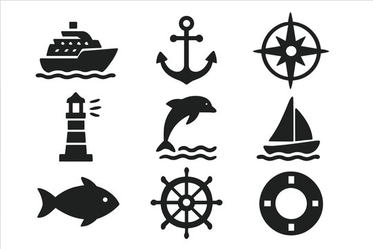 Collection of nautical vector icons featuring a ship, anchor, compass, lighthouse, dolphin, sailboat, fish, wheel, and life preserver