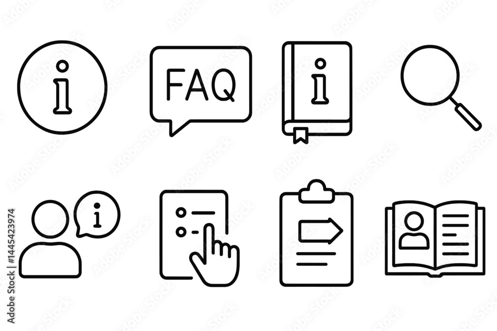 Poster various vector icons representing information, help resources, and user interaction in a clean, mini