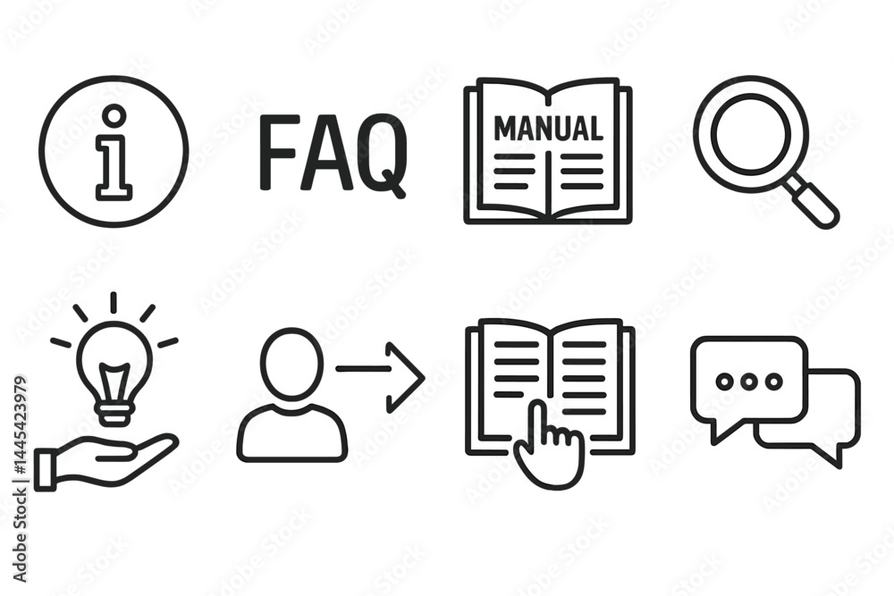 Poster vector icons representing information, guidance, and frequently asked questions for user support app