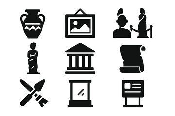 Collection of vector icons representing art and culture with museum artifacts and artistic elements displayed