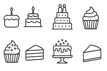 Vector icon collection featuring various types of cakes, cupcakes, and wedding cakes suitable for celebration themes