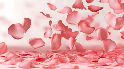 Delicate Pink Rose Petals Falling Gracefully Against a Soft Blurred Background