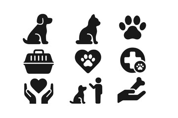 This vector icon set features illustrations of pets like dogs and cats, symbols of pet care, and elements representing love for animals