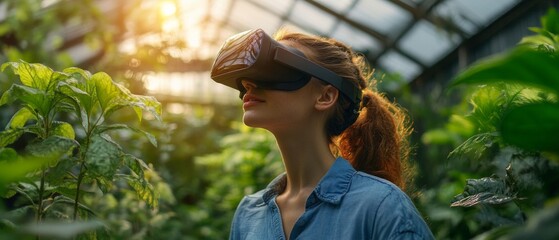 Woman wearing VR-glasses in a greenhouse among plants, exploring the environment in virtual reality. Useful for articles about technology in agriculture, educational materials about VR,