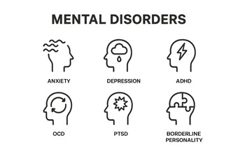 Understanding various mental disorders through simple vector icons representing common conditions like anxiety, depression, and ADHD