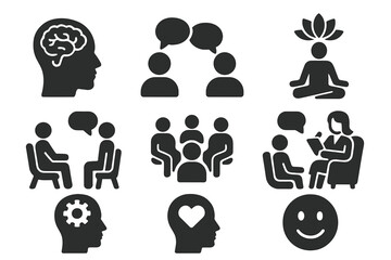 Vector icons representing mental health concepts, communication, mindfulness, and emotional well-being activities