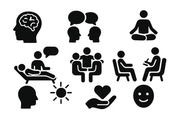 Vector icons illustrating mental health activities, conversations, and therapy practices in a supportive environment