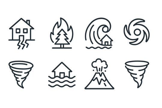 Vector icons depicting various natural disasters including earthquakes, wildfires, floods, hurricanes, tornadoes, and volcanic eruptions