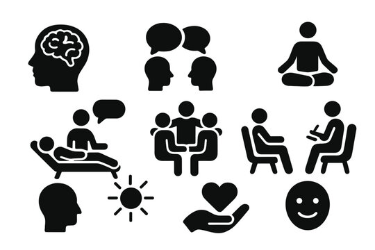 Vector icons illustrating mental health activities, conversations, and therapy practices in a supportive environment