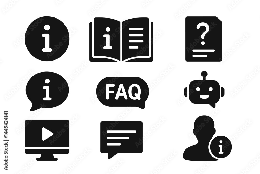 Poster vector icons representing information resources and support options for users in digital environment