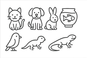 Vector icon of various pets and animals including cat, dog, rabbit, fish, bird, and lizard designed in a simple, minimalistic style