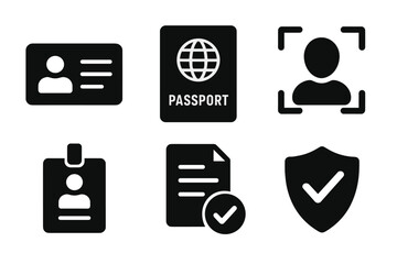 Vector icon set representing identification documents, personal data, and security verification symbols for various purposes