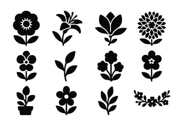 Floral vector icons featuring a variety of flower types and designs showcasing nature in a minimalist style for design projects