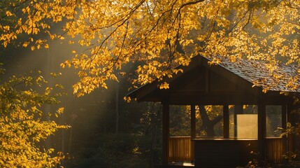 Golden Autumn Gazebo Sunlit Forest Retreat.