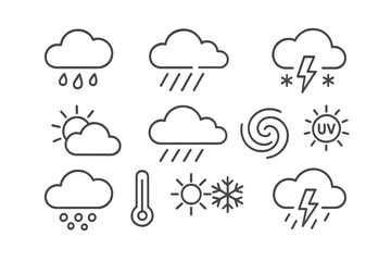 Weather icons collection depicting various climatic conditions and phenomena in a minimalist vector style