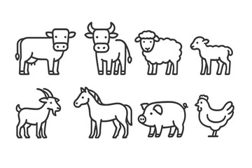 Cute vector icons of farm animals including cow, sheep, goat, horse, pig, and chicken in a playful design