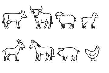 Collection of vector animal icons representing farm animals including cow, sheep, goat, horse, pig, and chicken in a simple design