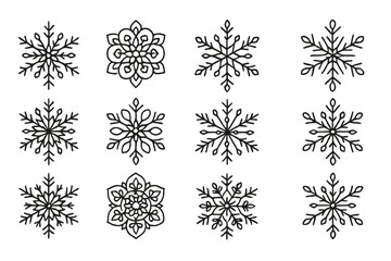 Unique vector icon collection of decorative snowflakes with intricate designs for seasonal themes