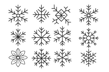 Unique vector icons of various snowflakes and a flower design for winter-themed projects