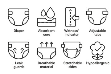 Unique vector icons illustrating key features of diapers including absorbent core, adjustable tabs, and hypoallergenic material