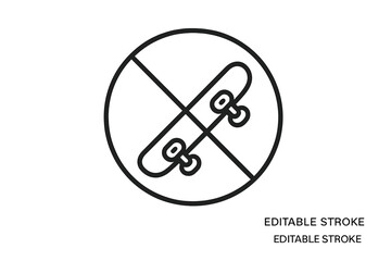 Vector icon depicting a skateboard crossed out, indicating a prohibition on skateboarding in designated areas