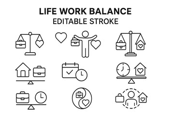 Minimalist vector icons for work-life balance featuring home, job, time management, and health symbols, perfect for any application