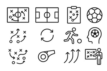 Vector soccer strategy icons depicting gameplay elements, tactics, and coaching methods in a clear and modern design