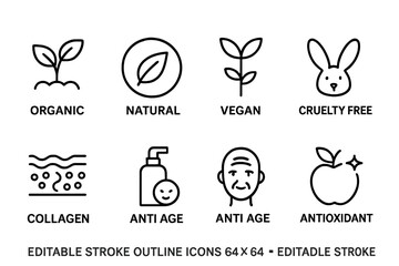 Vector icons representing organic, natural, vegan, and cruelty-free concepts suitable for wellness and beauty products