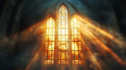 Stained glass window lets light through. Ornate and divine
