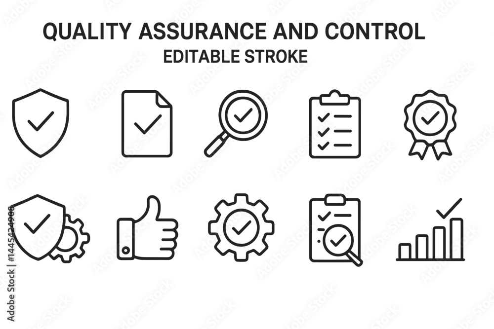 Poster vector icons representing quality assurance and control processes in a corporate setting