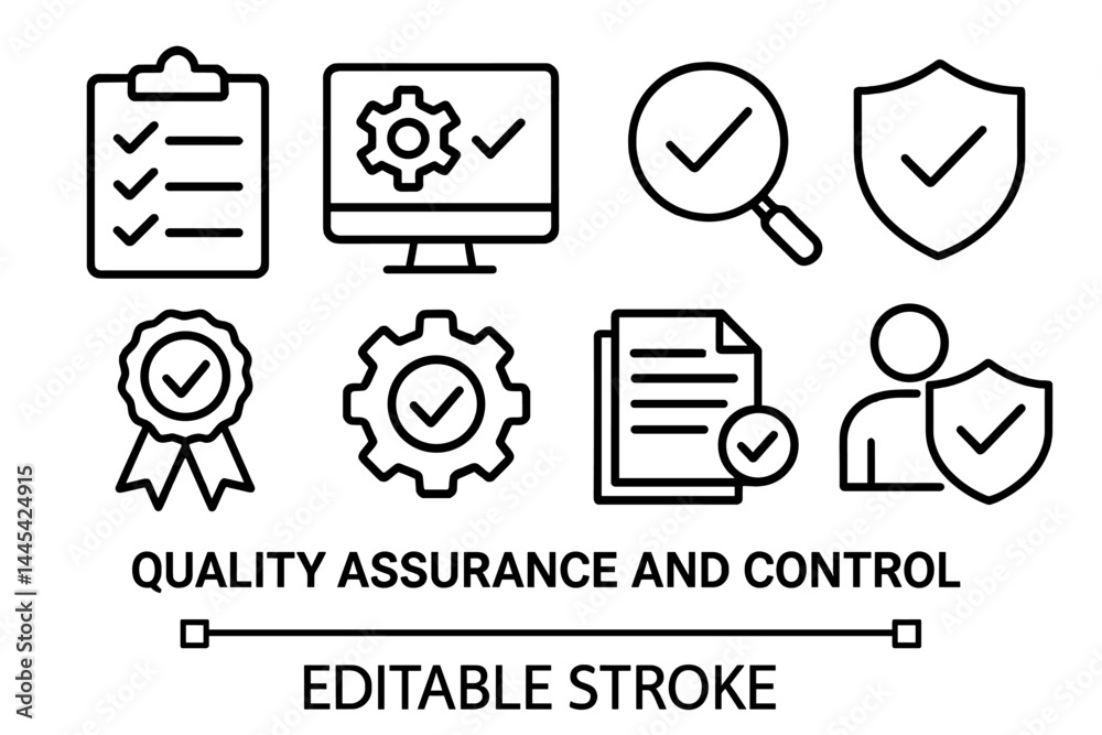 Poster quality assurance and control icons representing various aspects of evaluation and verification in a