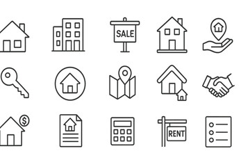 Vector icon set illustrating real estate concepts including houses, keys, sale signs, and rental agreements