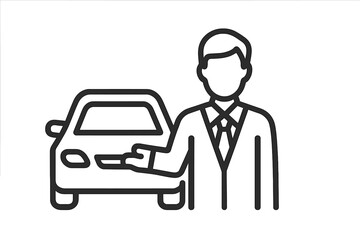 Vector icon depicting a car sales representative presenting a vehicle in a professional setting