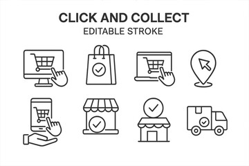 Click and collect vector icons featuring shopping cart, bags, and delivery symbols for e-commerce applications