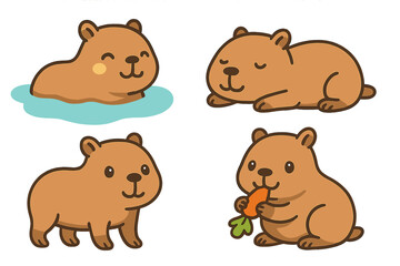 Cute vector icons of playful and relaxed animals in various poses enjoying their surroundings and treats