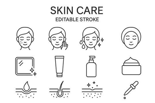 Vector icon set for skin care featuring facial illustrations and products used in daily routines for healthy skin