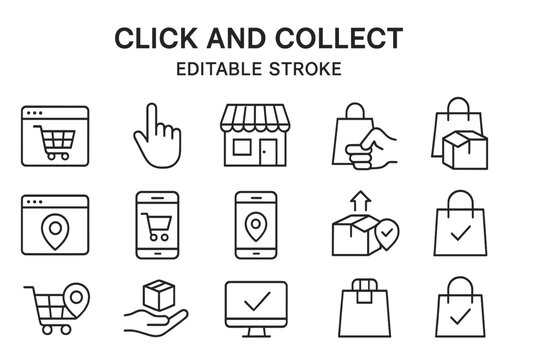 Vector icons demonstrating click and collect shopping concept with various elements like cart, store, and packages