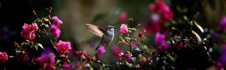 Fototapeta premium A hummingbird hovering near the flowers, motion blur, macro photography