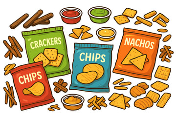 Colorful vector icon of assorted snacks with crackers chips and nachos arranged with dips