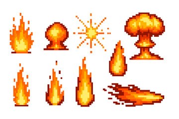Vector icon set of flames, explosion, and fire effects in a pixel art style for graphic design and creative projects