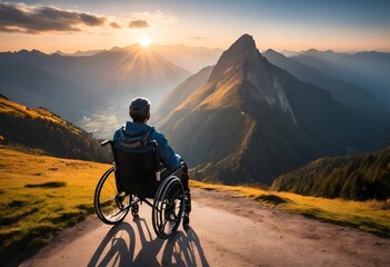 Fototapeta premium Man in Wheelchair Enjoying Mountain Sunset