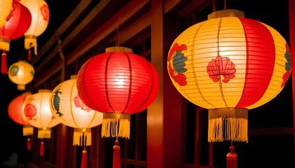 Obraz premium Illuminated Chinese Lanterns Hanging Outdoors at Night