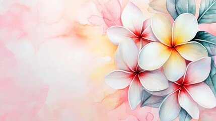 Obraz premium pink plumeria frame background for Birthday and wedding cards with copy space. watercolor drawing of flowers. Festive flower concept with space for text. pastel wallpaper. Floral banner, greeting card