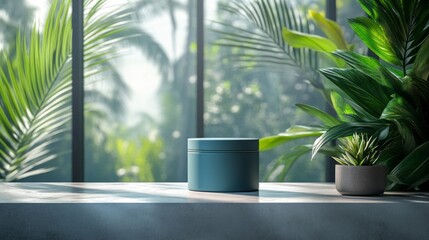 Teal Speaker on Concrete Surface with Lush Greenery